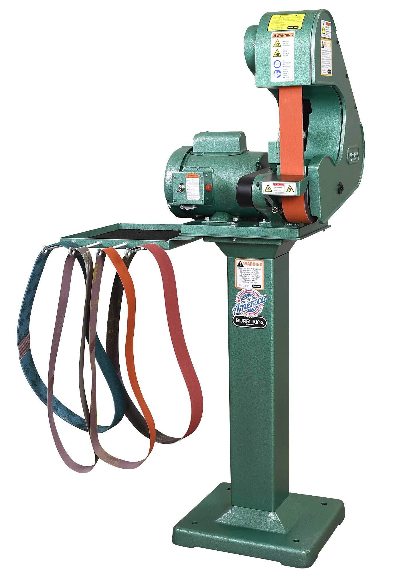 40100 Model 482 belt grinder / belt sander shown with optional 01 pedestal and 760T-2 tool tray 